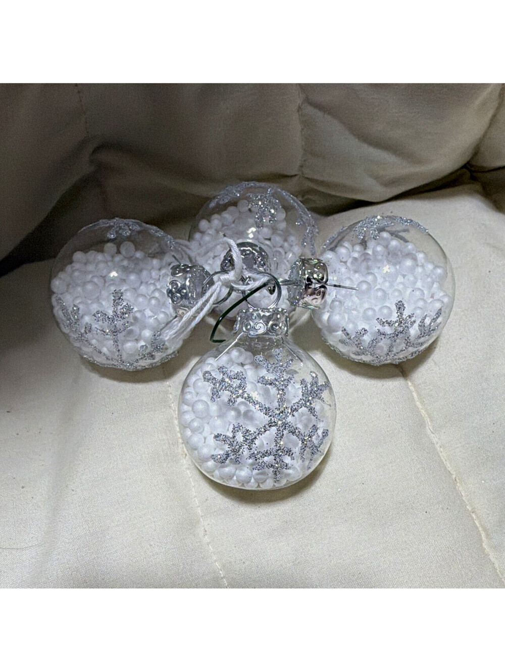 Set of 4 Clear Ball Christmas Ornaments White Beads Silver Glitter Snowflakes